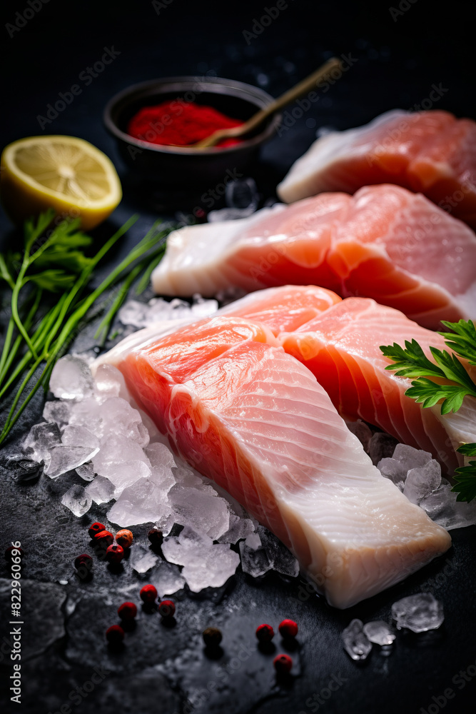 Raw fish fillets on ice with herbs and spices on the side. Raw fish fillets on ice with herbs and spices on the side.