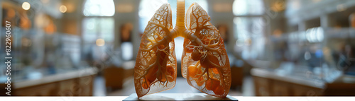 Close-up photo of a lung model in a brightly lit laboratory or museum setting, emphasizing medical and educational themes. photo