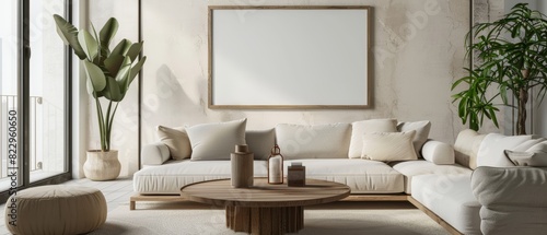 A stylish living room featuring a round wooden coffee table, a light sofa, and a blank mock up frame on the wall photo