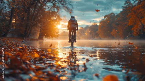 A man cycling along a scenic riverside path photo