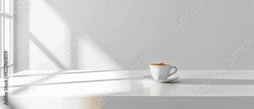 Clean white desk with a bright laptop and a single coffee cup, minimalist workspace photo