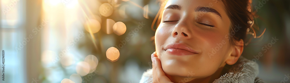 Close-up of a woman enjoying the warmth of sunlight, eyes closed, relaxed expression, cozy indoor setting with blurred background.