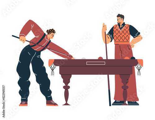 Billiard game - vector players with cues and table. Isolated background.