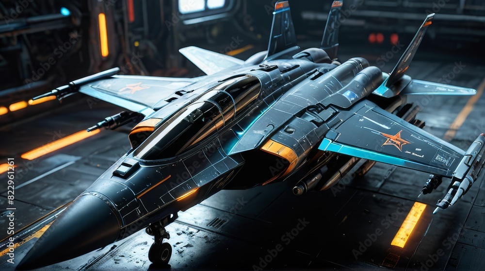 Obraz premium Electrifying Sky Guardians: Futuristic Fighter Jet in Neon Glow, Abstract Black Oil, and Detailed Acrylic