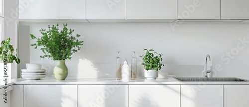 Minimalist kitchen with white cabinets and a single wooden cutting board, clean and simple, easy on the eyes © Starkreal