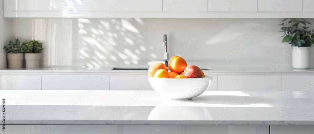 Minimalist white kitchen with a single bowl of fruit on the counter, clean and modern design, bright natural light Minimalist white kitchen with a single bowl of fruit on the counter, clean and modern design, bright natural light