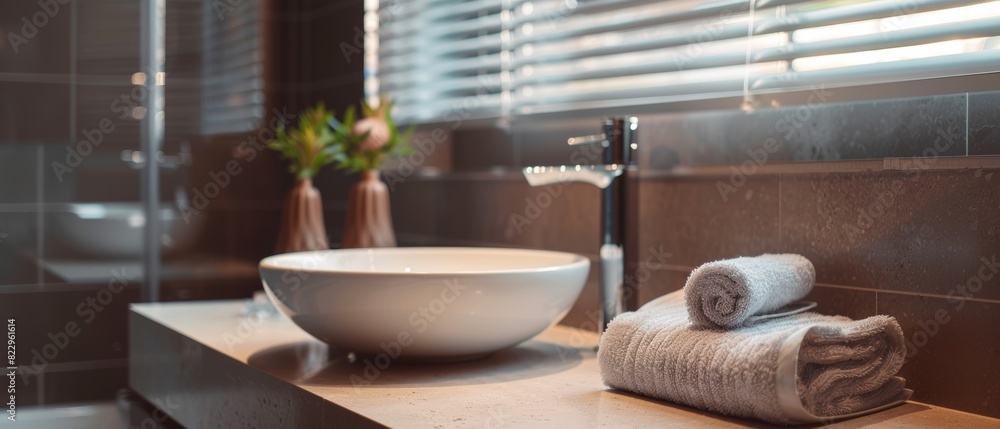 Modern bathroom with a single bright towel and a white sink, minimalist design, fresh Modern bathroom with a single bright towel and a white sink, minimalist design, fresh