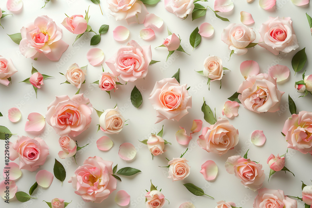 A Beautiful Arrangement of Light Pink Roses Spread Across a Soft White Background, Capturing Elegance and Delicacy A Beautiful Arrangement of Light Pink Roses Spread Across a Soft White Background, Capturing Elegance and Delicacy