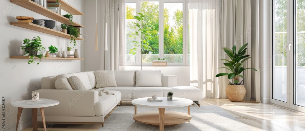 Modern living room with a white sofa, a small coffee table, and minimalistic decor, bright natural light Modern living room with a white sofa, a small coffee table, and minimalistic decor, bright natural light