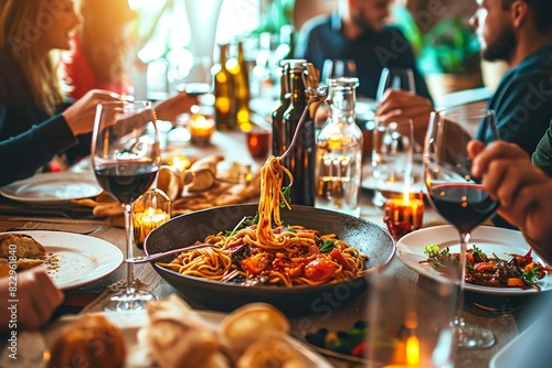 Group of friends having a pasta dinner party at restaurant - Happy young people eating italian traditional food together - Food and beverage lifestyle, Generative AI photo
