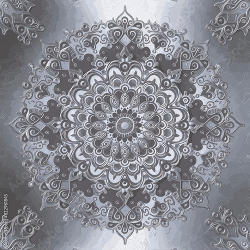 Beautiful Mandala Ornament Design in lavender and mauve with silver background