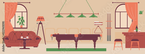 Interior recreation area for playing billiards. Vector illustration.