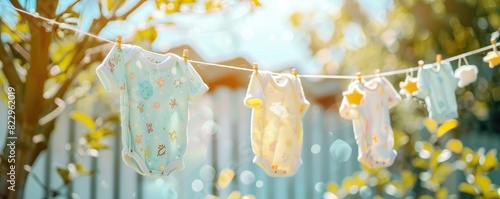 Baby clothes hanging on a line in sunlight. photo
