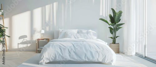 Modern white bed with neutral bedding, minimalist bedroom, relaxing and visually pleasing, easy on the eyes photo