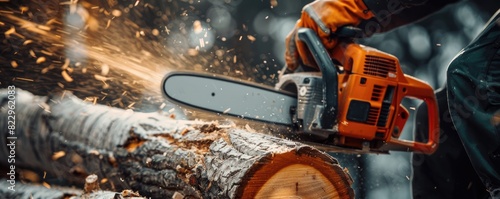 chainsaw in motion, slicing through a log with sawdust flying around Suitable for work and power tools themes.