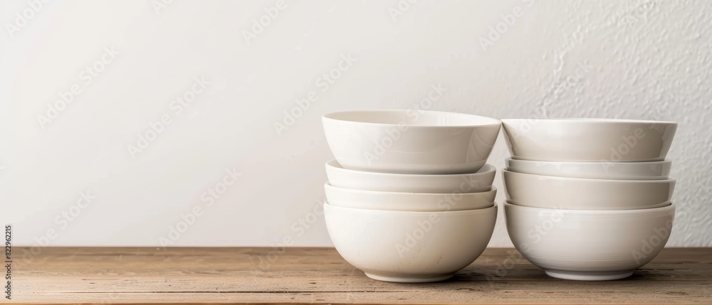Set of minimalist white bowls and plates on a wooden table, isolated on a white background, clean design