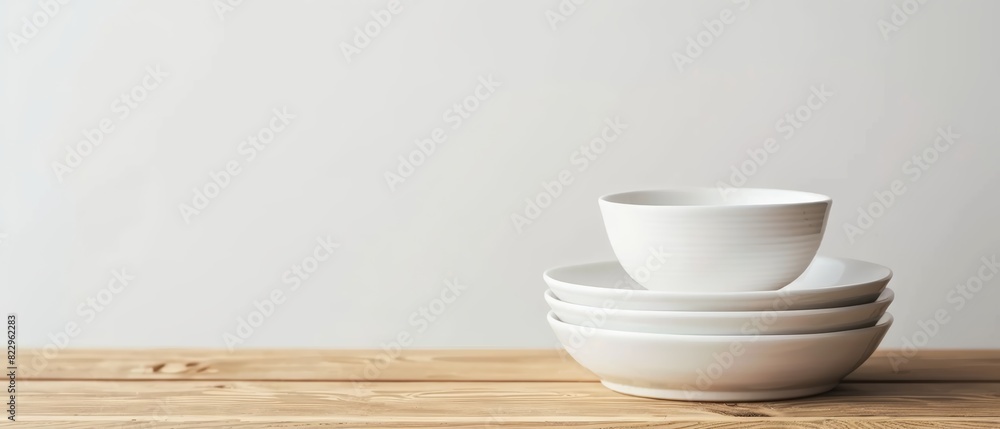 Set of minimalist white dishware on a wooden table, isolated on a white background, clean design Set of minimalist white dishware on a wooden table, isolated on a white background, clean design