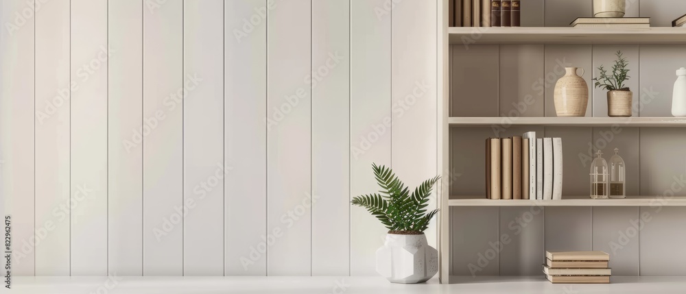 Simple white bookshelf with a few books, minimalist decor, visually pleasing, easy on the eyes Simple white bookshelf with a few books, minimalist decor, visually pleasing, easy on the eyes