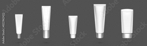 3D set of cosmetic cream tubes isolated on transparent background. Vector realistic illustration of plastic package for body lotion, toothpaste, shampoo, medical ointment, blank mockup for branding