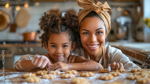 A mother and daughter baking cookies in the kitchen