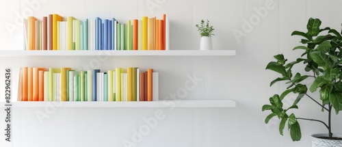 Simple white bookshelf with a few brightcolored books, minimalist decor, easy on the eyes, uncluttered space photo