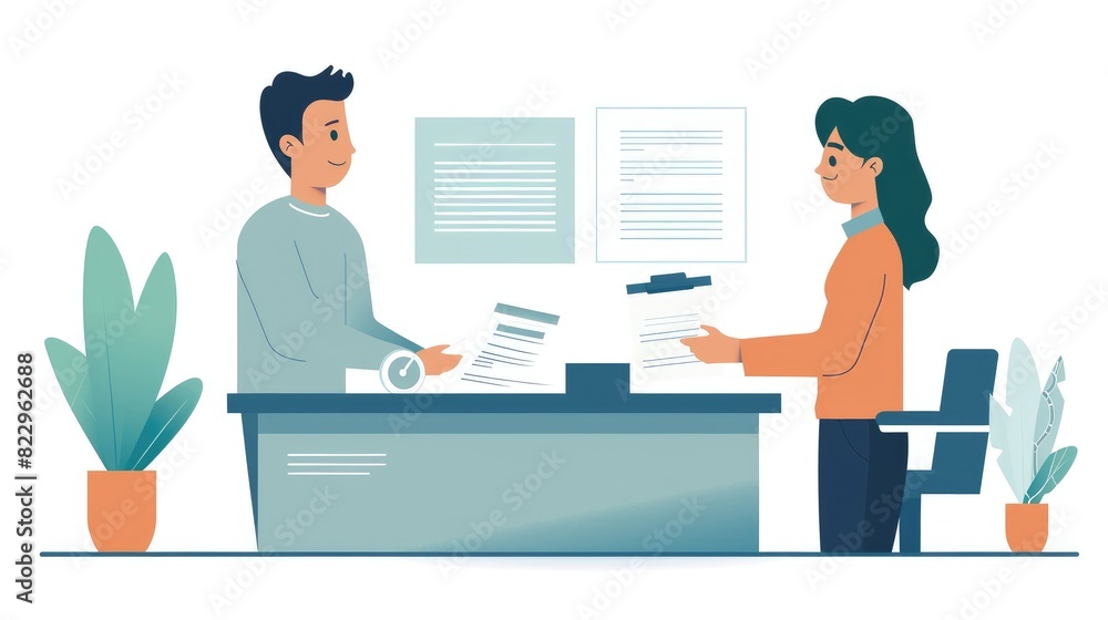 Two professionals exchanging documents across a desk in a modern office environment. Two professionals exchanging documents across a desk in a modern office environment.