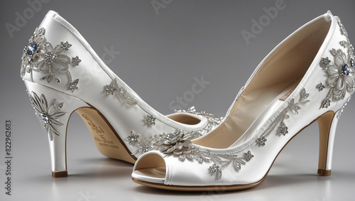 A pair of peep-toe high heels with floral embroidery and a stiletto heel.

 photo
