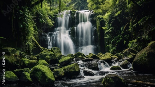 A lush green forest waterfall cascades over moss-covered rocks into a clear  