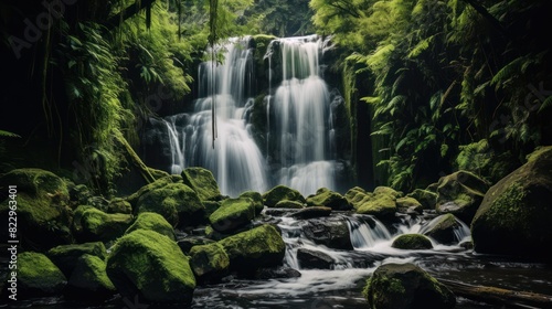 A lush green forest waterfall cascades over moss-covered rocks into a clear, 