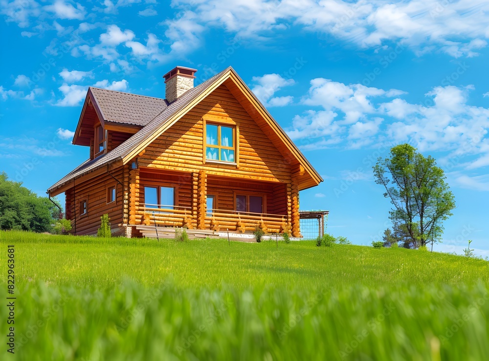 Wooden house with two floors, brown roof and green grass in front of it on a sunny day Wooden house with two floors, brown roof and green grass in front of it on a sunny day