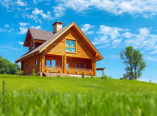 Wallpaper Mural Wooden house with two floors, brown roof and green grass in front of it on a sunny day Torontodigital.ca