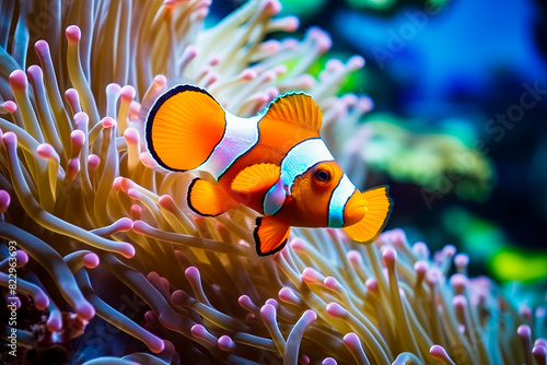 Clown fish is swimming in aquarium with corals. photo