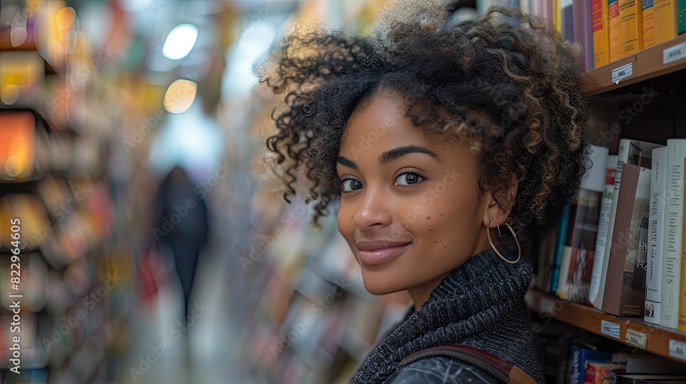 A woman browsing through a bookstore with a smile A woman browsing through a bookstore with a smile