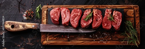 Meat Cut. Variety of Black Angus Prime Steaks including Machete and Rib Eye on Wooden Board photo