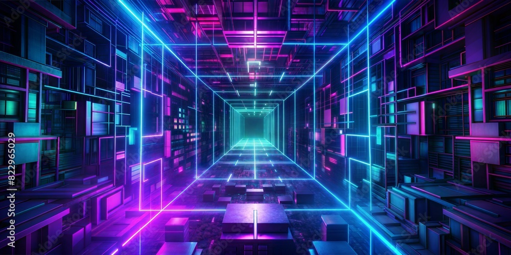he image is dark and has an abstract, futuristic feel. It features brightly illuminated geometric shapes, primarily squares and rectangles. The shapes are interconnected to form a complex network he image is dark and has an abstract, futuristic feel. It features brightly illuminated geometric shapes, primarily squares and rectangles. The shapes are interconnected to form a complex network