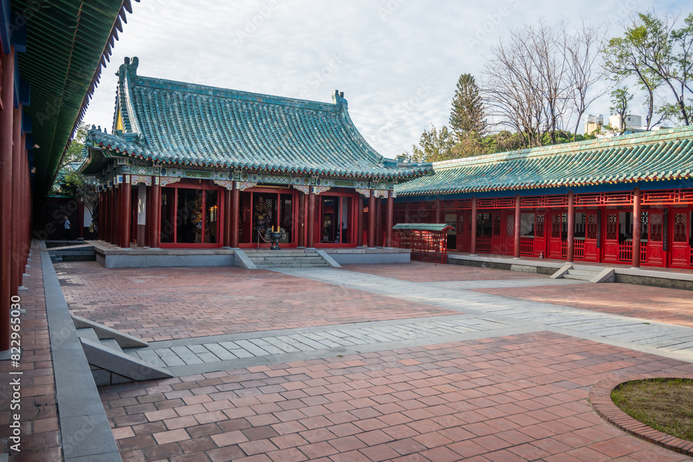 Koxinga's Shrine, Chinese temple with blue roof, red doors, and traditional facade in Tainan, Taiwan Koxinga's Shrine, Chinese temple with blue roof, red doors, and traditional facade in Tainan, Taiwan