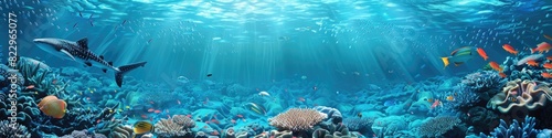 Ocean Marine Life. Banner of Beautiful Coral Reef with Tropical Fish and Sea Creatures in Caribbean photo