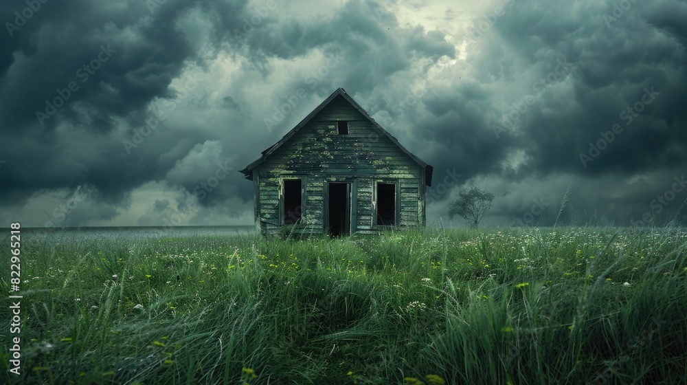 Old New. Abandoned House in Future with Dark Clouds and Mysterious Door Old New. Abandoned House in Future with Dark Clouds and Mysterious Door