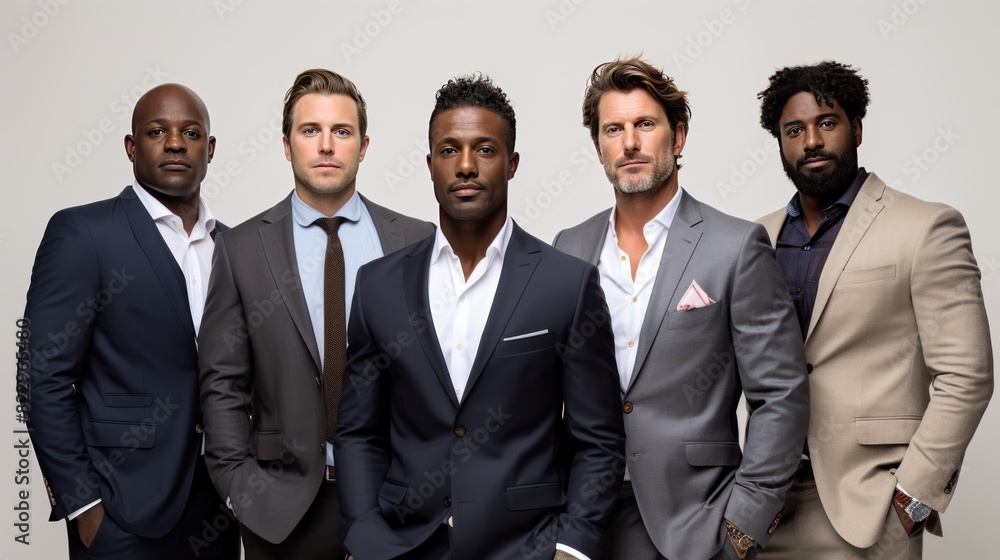 group of confident men standing together, each with their unique style and personality, group of confident men standing together, each with their unique style and personality,