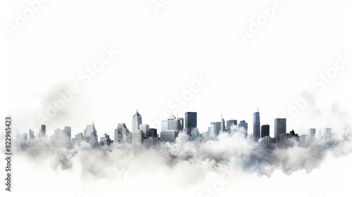 cloud of smog hovering over a city skyline on a white background. 