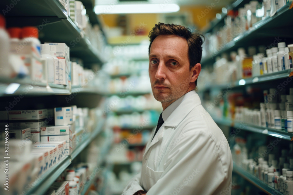 A man in a white lab coat stands in a pharmacy aisle. He is looking at the shelves of medicine bottles