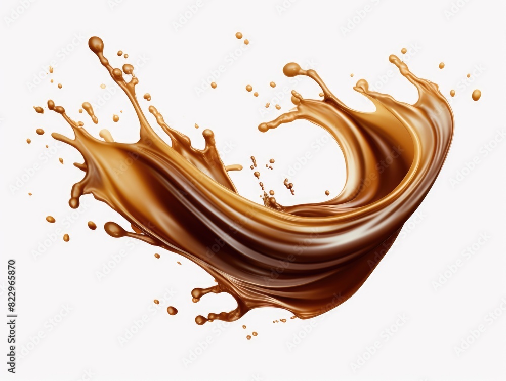 A splash of chocolate syrup is shown in a white background. Concept of indulgence and enjoyment, as the rich brown color of the syrup contrasts with the clean, white background A splash of chocolate syrup is shown in a white background. Concept of indulgence and enjoyment, as the rich brown color of the syrup contrasts with the clean, white background