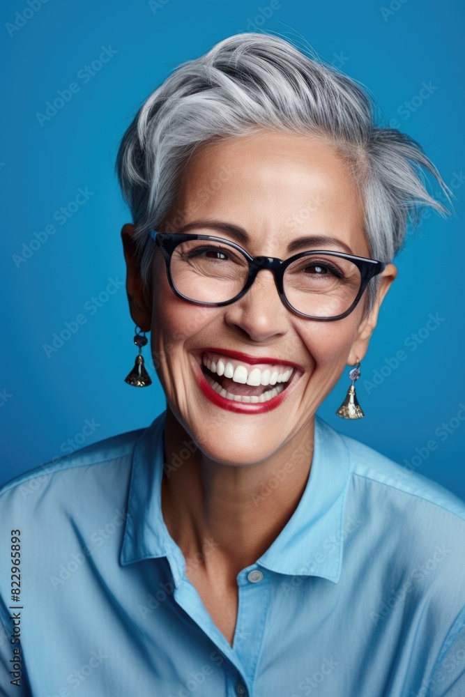 A woman with short hair and glasses is smiling and wearing red lipstick. She is wearing earrings and a blue shirt A woman with short hair and glasses is smiling and wearing red lipstick. She is wearing earrings and a blue shirt