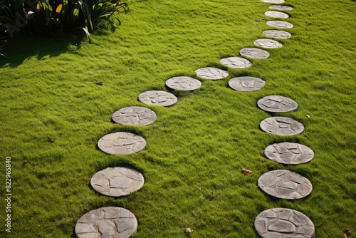 A path made of small round stones is winding through a lush green lawn. The path is surrounded by grass and plants, creating a serene and peaceful atmosphere photo