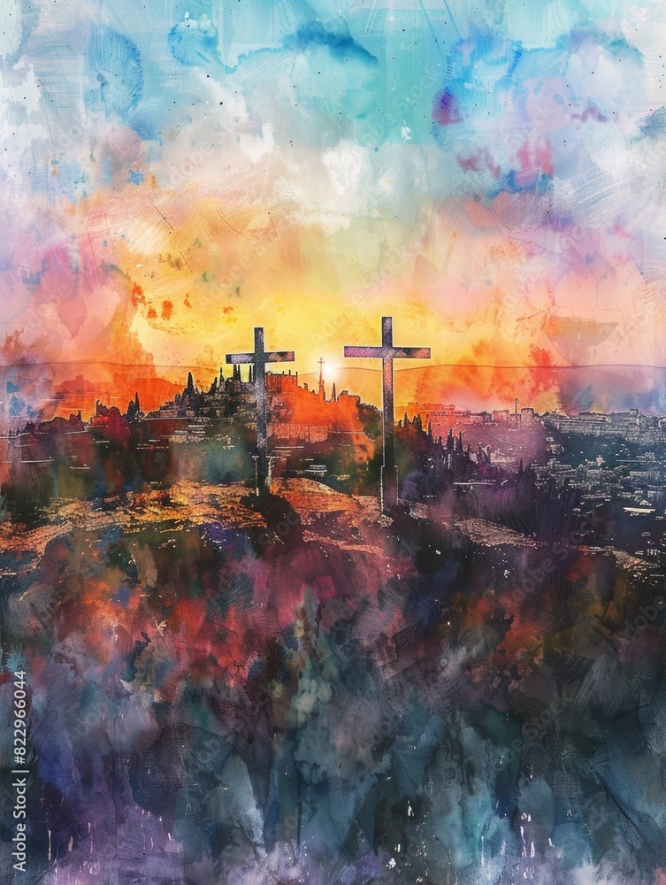 The painting depicts a beautiful sunset with two crosses in the foreground. The colors are vibrant and the composition is balanced. The idea behind the painting is to evoke a sense of peace