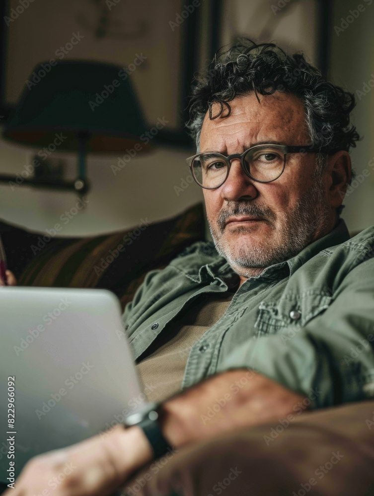 A man wearing glasses is sitting on a couch with a laptop in front of him. He is focused on the screen, possibly working or browsing the internet. Concept of productivity and concentration A man wearing glasses is sitting on a couch with a laptop in front of him. He is focused on the screen, possibly working or browsing the internet. Concept of productivity and concentration
