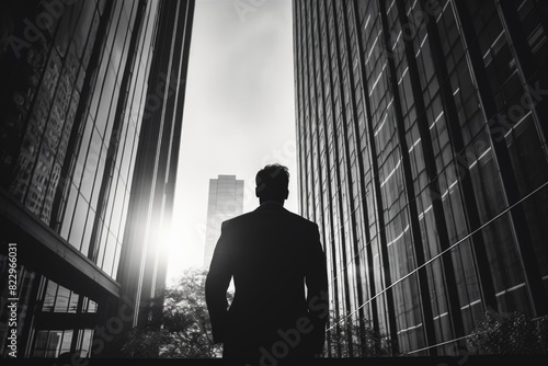 A man in a suit stands in front of a tall building, looking up at the sky. Concept of solitude and contemplation, as the man is lost in thought © vefimov