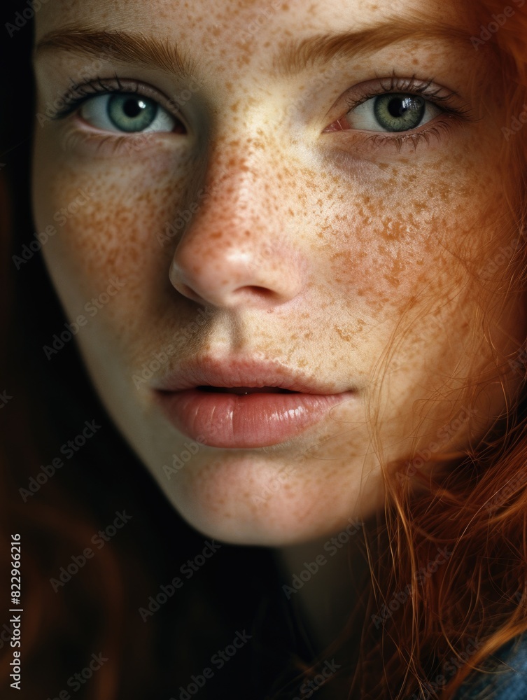 A woman with red hair and green eyes. She has a greenish tint to her eyes A woman with red hair and green eyes. She has a greenish tint to her eyes