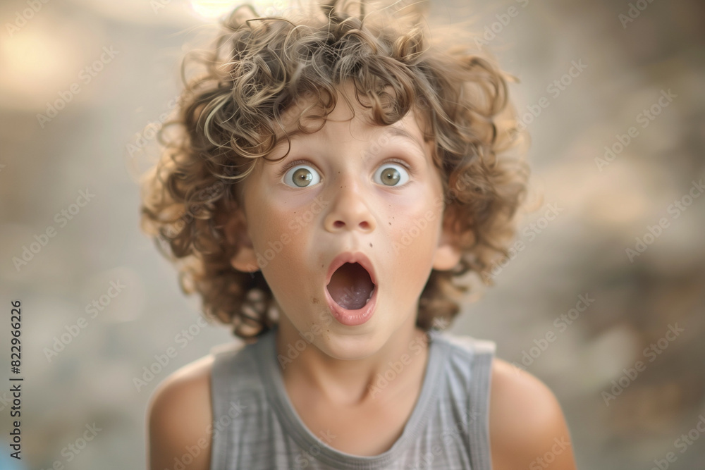 Astonishment in Innocence: A Young Boy with Curly Hair, Wide-eyed and Mouth Open in a Display of Pure Wonder and Amazement, Captured in Soft, Natural Light with a Blurry Background Astonishment in Innocence: A Young Boy with Curly Hair, Wide-eyed and Mouth Open in a Display of Pure Wonder and Amazement, Captured in Soft, Natural Light with a Blurry Background