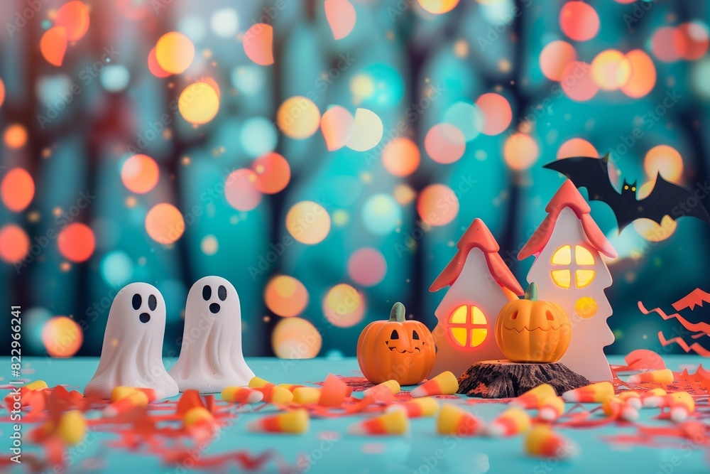 A fun Happy Halloween template featuring cute ghosts, candy corn, and spooky trees, set against a colorful and whimsical background A fun Happy Halloween template featuring cute ghosts, candy corn, and spooky trees, set against a colorful and whimsical background